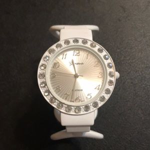 White metal watch w crystal details
